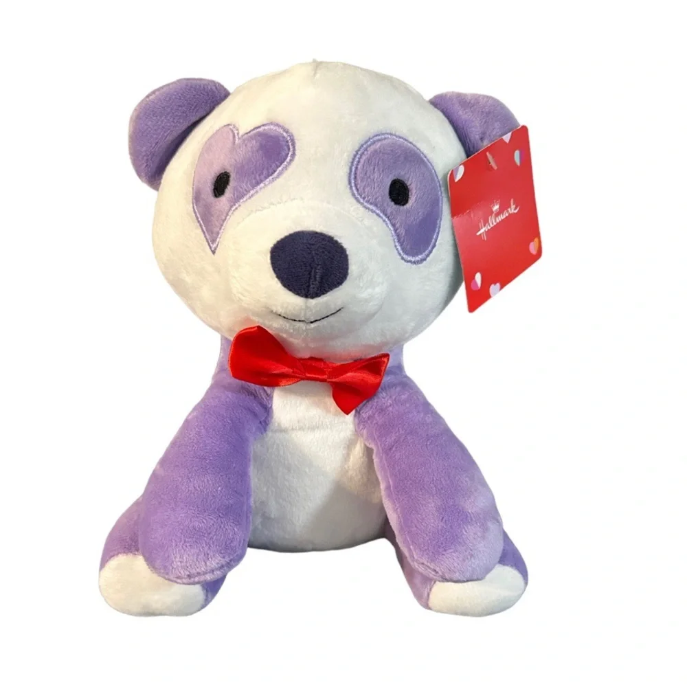 Hallmark Panda Bear Plush Stuffed Animal Purple and White with Red Bow